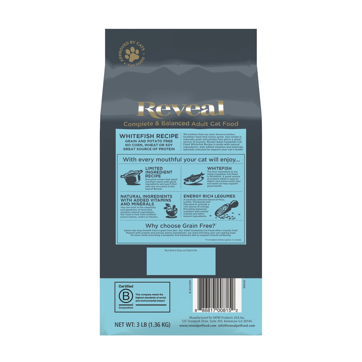 Reveal Pet Food Natural Dry Cat Food, Complete & Balanced Grain Free, Whitefish Flavor, 3lb Bag