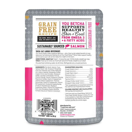 "I and love and you" Feed Meow Wet Cat Food, Shine Formula with Salmon and Tuna, 3oz Pouches, 12 count