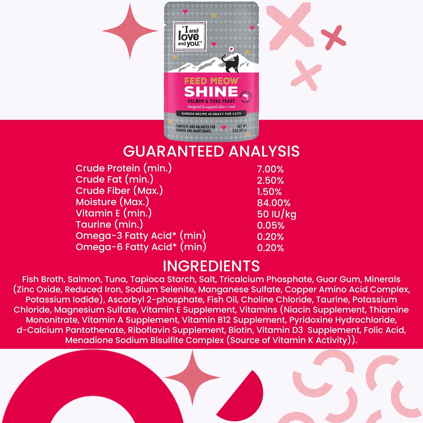 "I and love and you" Feed Meow Wet Cat Food, Shine Formula with Salmon and Tuna, 3oz Pouches, 12 count