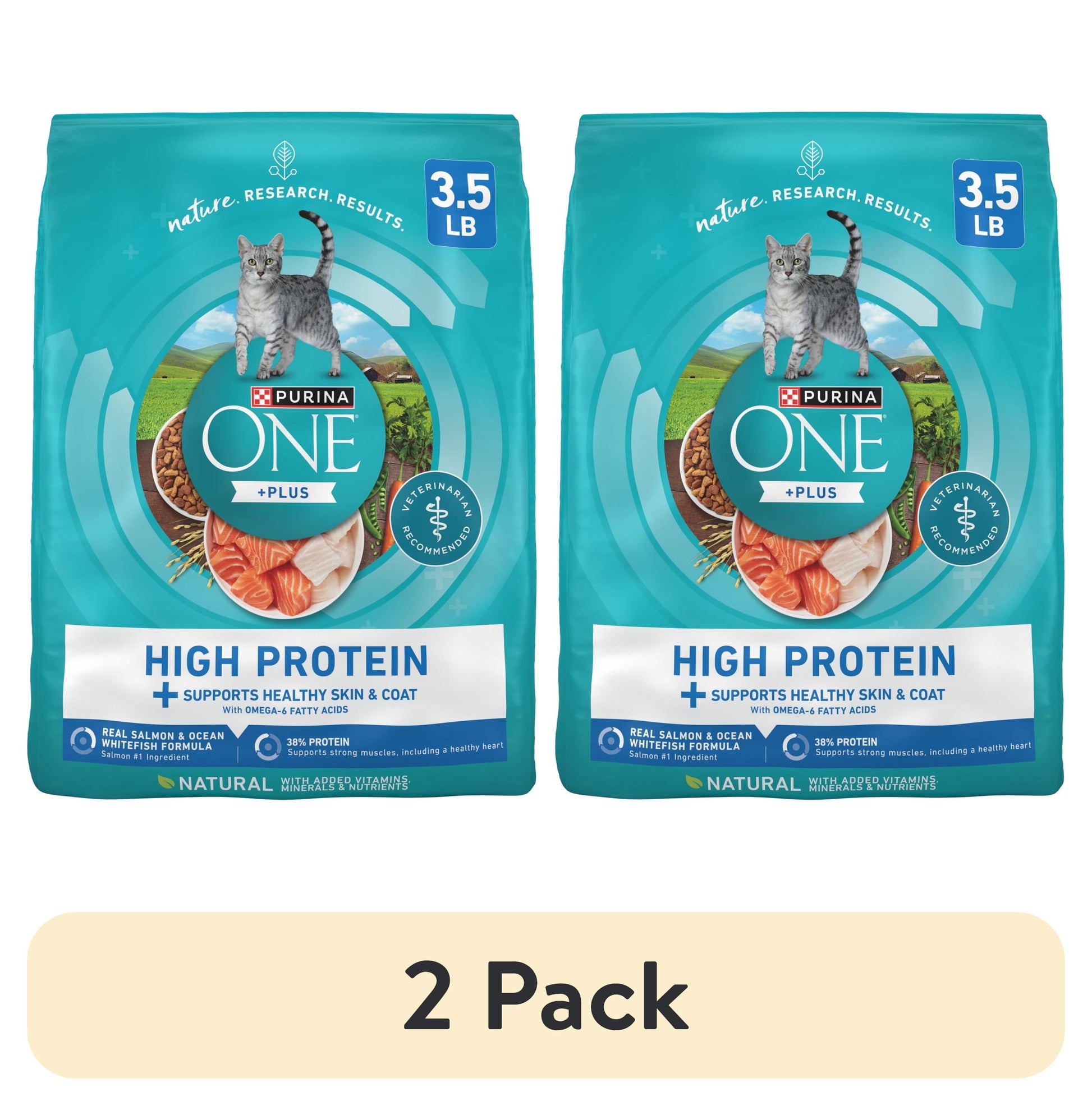 (2 pack) Purina ONE Plus Natural High Protein Dry Cat Food Salmon and Ocean Whitefish Skin and Coat Health Formula, 3.5 lb Bag