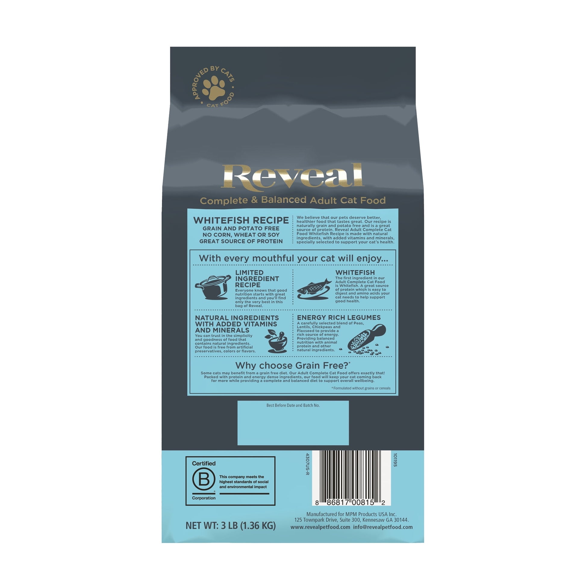 Reveal Pet Food Natural Dry Cat Food, Complete & Balanced Grain Free, Whitefish Flavor, 3lb Bag