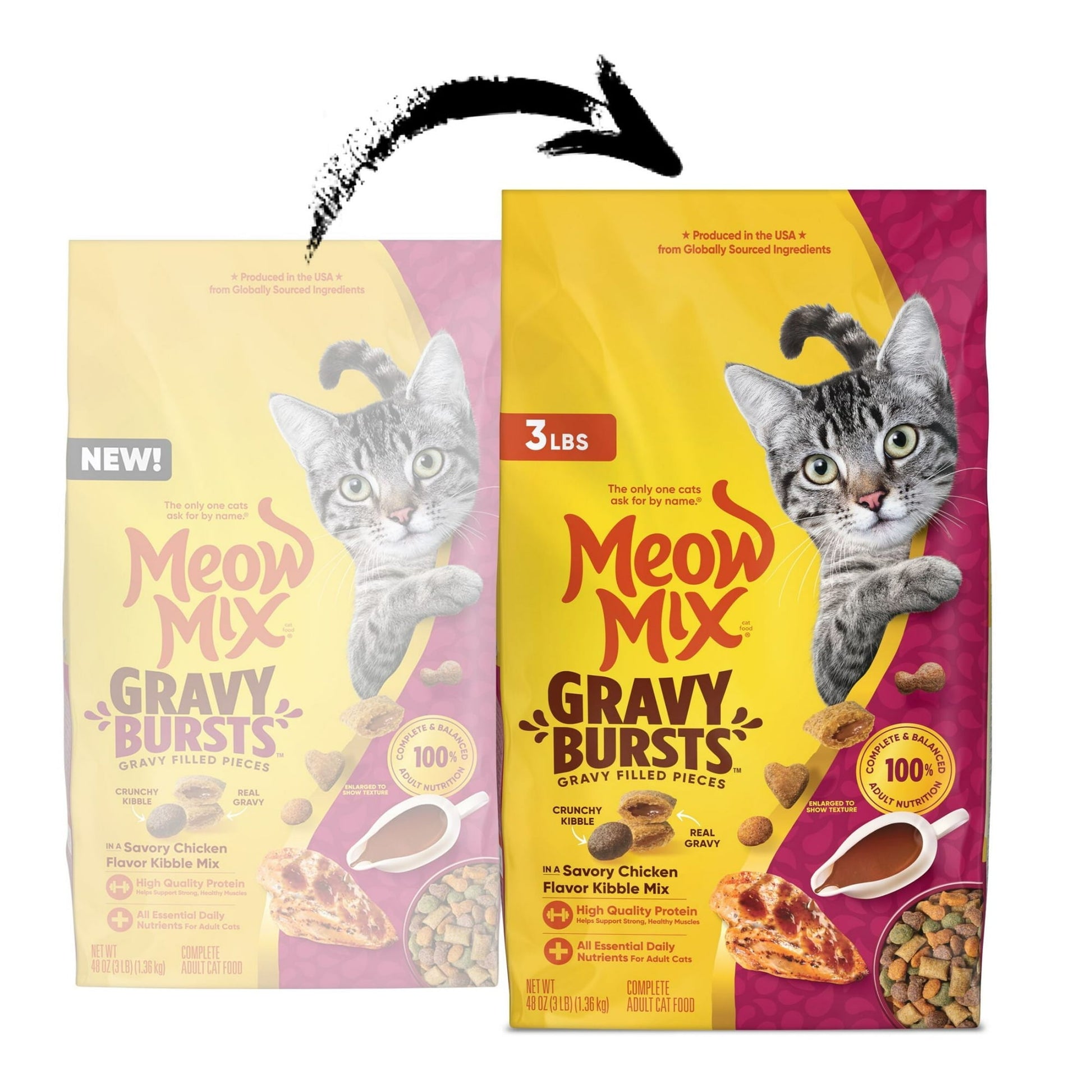 Meow Mix Gravy Bursts, Savory Chicken Flavor Mix, Gravy Filled Dry Cat Food, 3 lb. Bag,pack of 1.