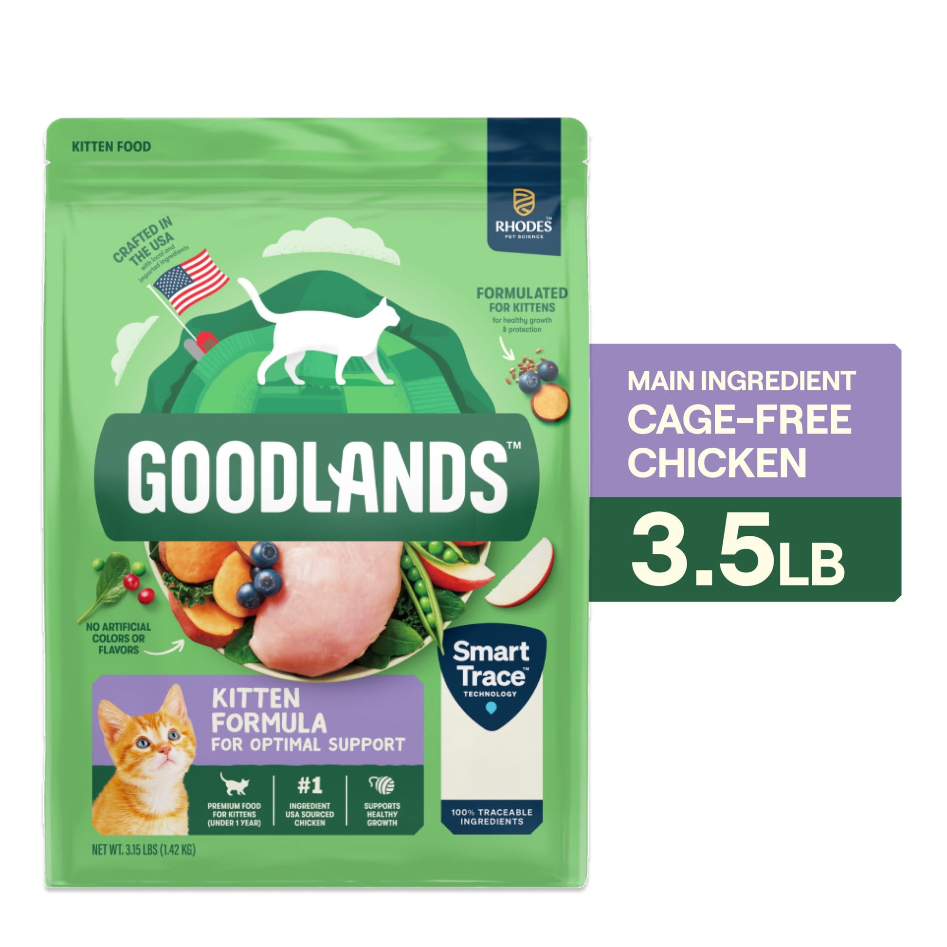 Goodlands Cage-Free Chicken Flavor, Dry Kitten Cat Food with Probiotics, 3.15 lb Bag