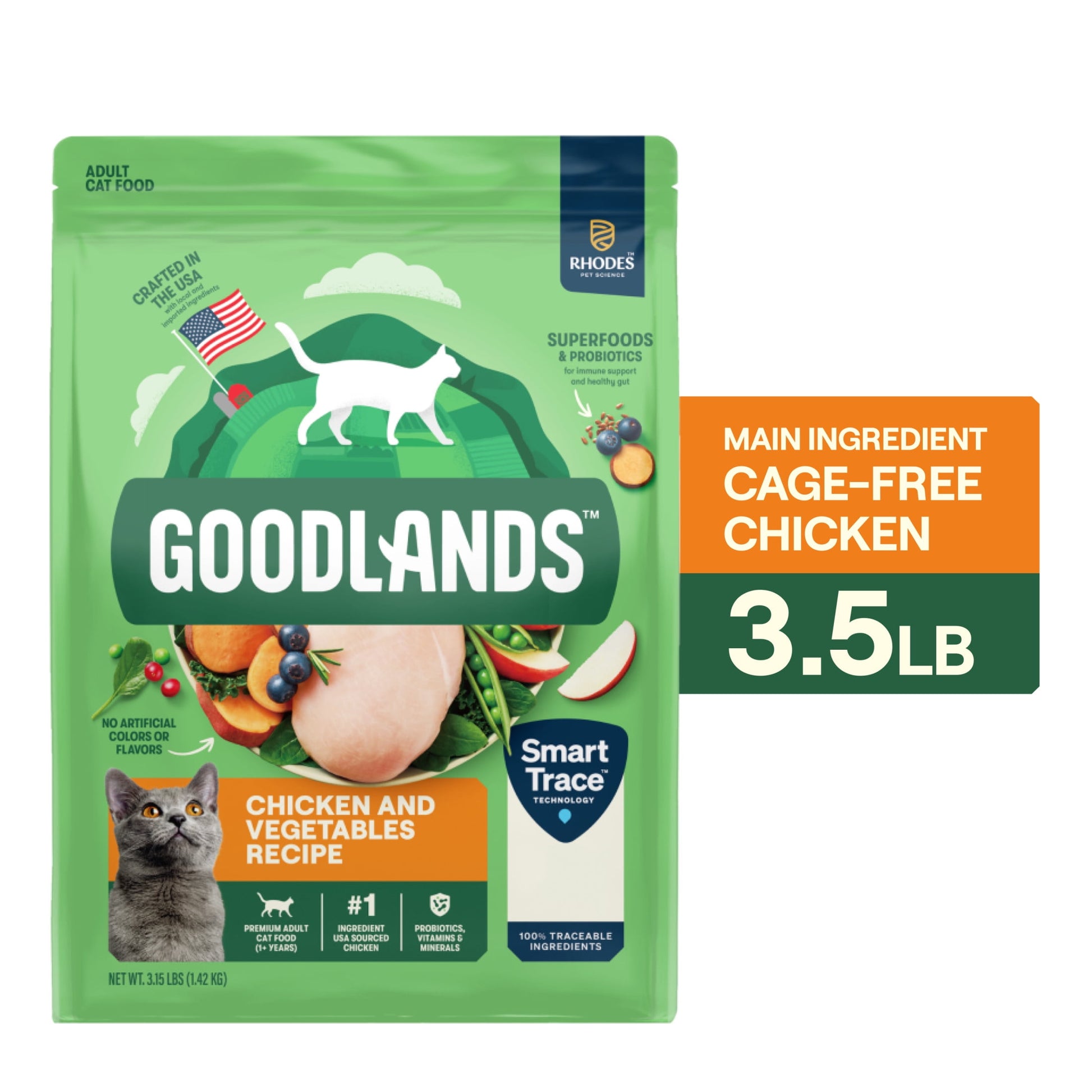 Goodlands Cage-Free Chicken Vegetable Flavor, Dry Adult Cat Food with Probiotics, 3.15 lb Bag