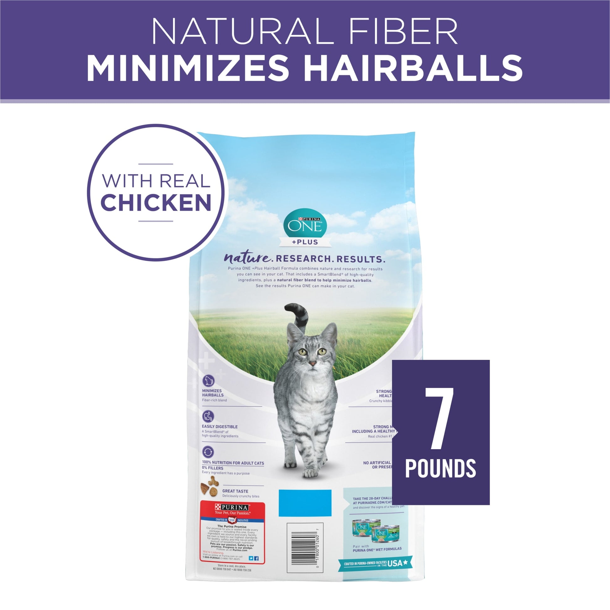 Purina ONE Plus, Hairball Formula Dry Cat Food, Chicken, 7 lb Bag