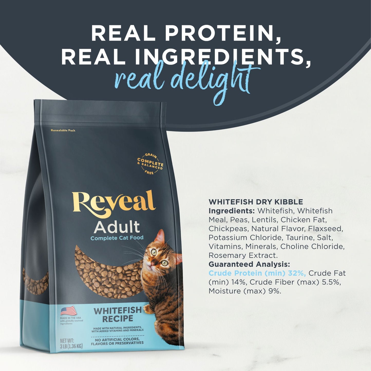 Reveal Pet Food Natural Dry Cat Food, Complete & Balanced Grain Free, Whitefish Flavor, 3lb Bag