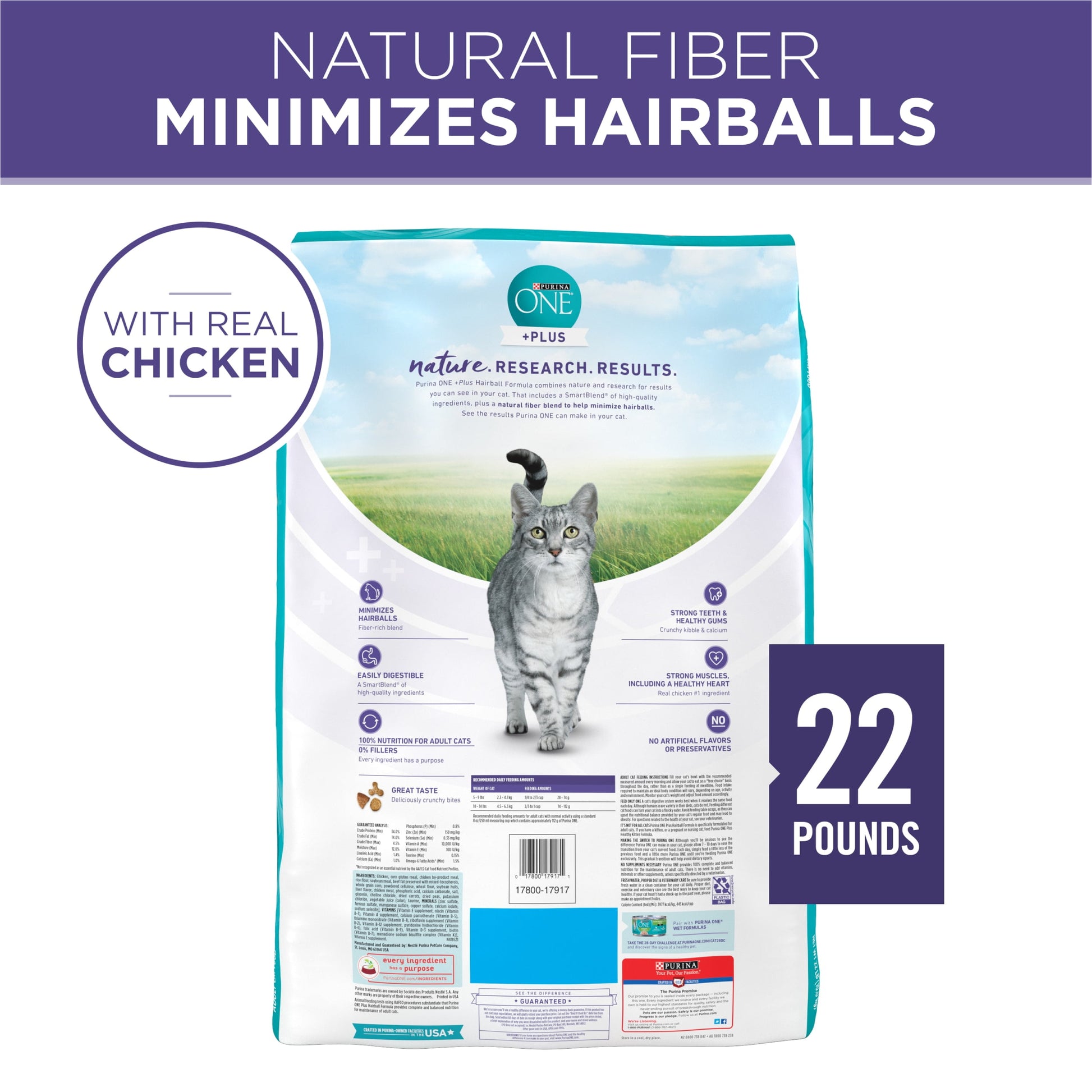 Purina ONE Plus Dry Cat Food Hairball Formula, Natural Chicken, 22 lb Bag