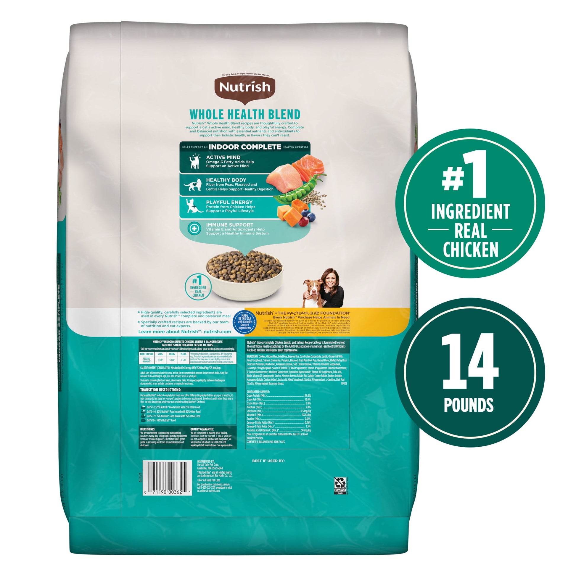 Nutrish Indoor Complete Chicken, Lentils & Salmon Recipe Dry Cat Food 14 lb. Bag (Rachael Ray)