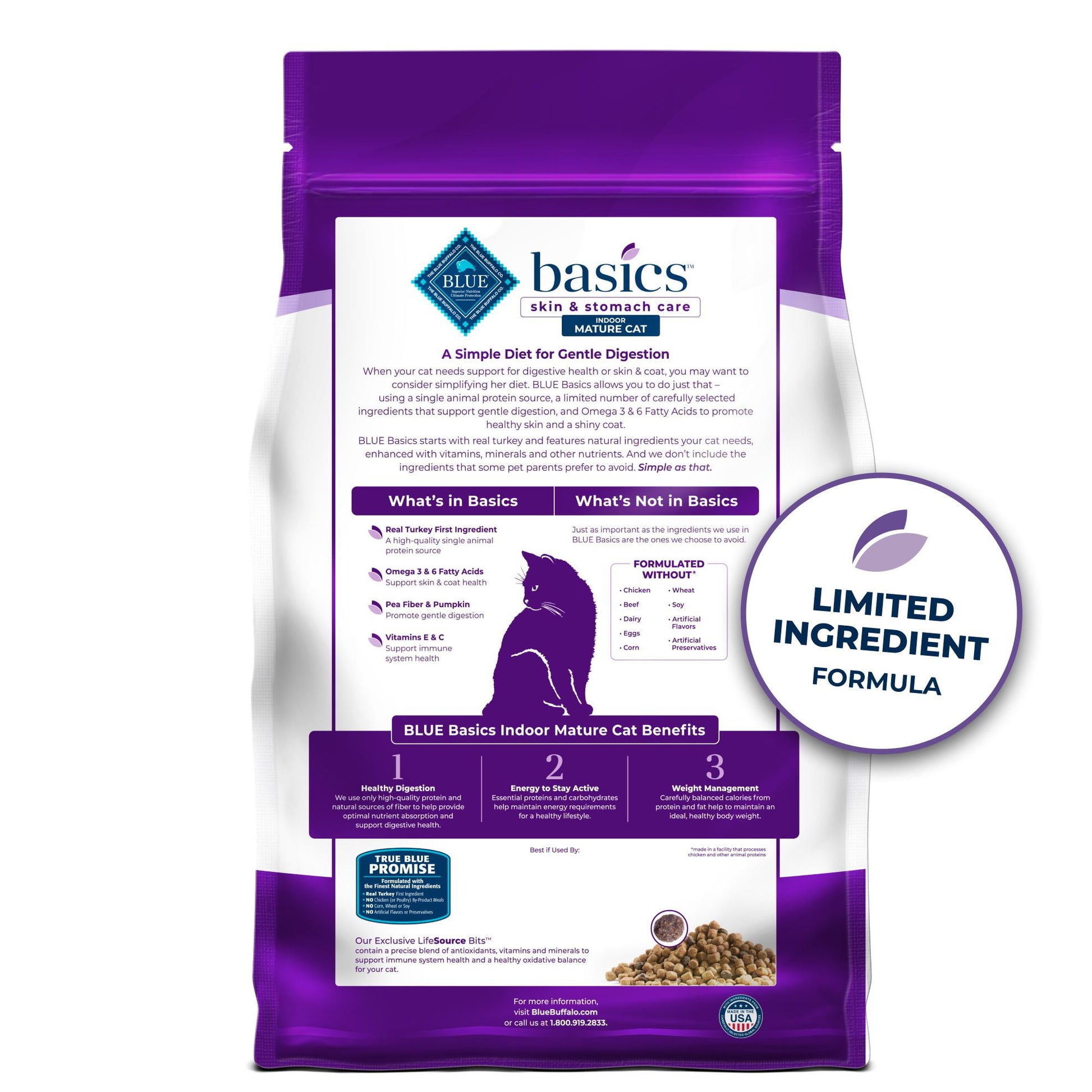 Blue Buffalo Basics Mature Cat Skin & Stomach Care Dry Cat Food, Turkey & Potato, 5 lbs.