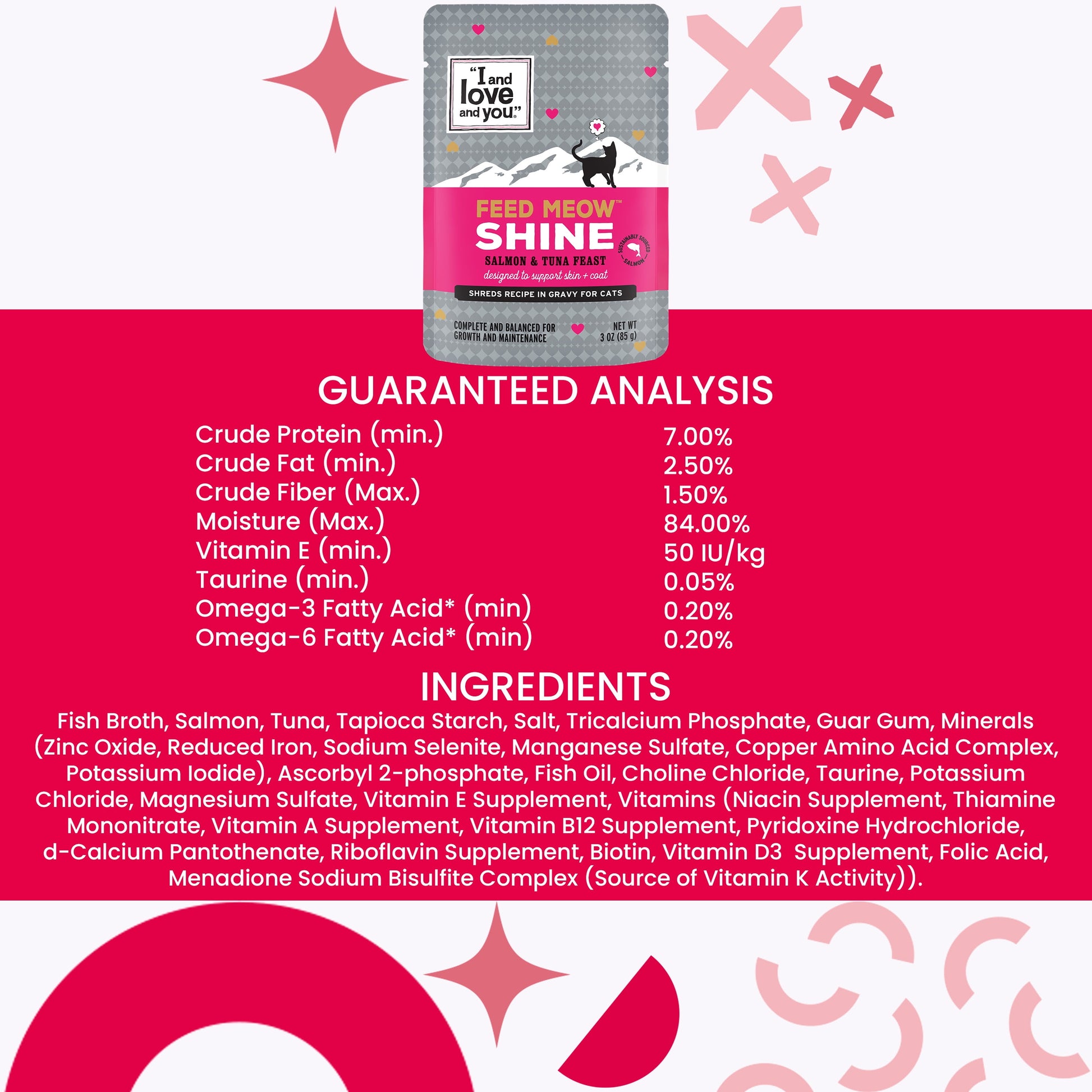 "I and love and you" Feed Meow Wet Cat Food, Shine Formula with Salmon and Tuna, 3oz Pouches, 12 count