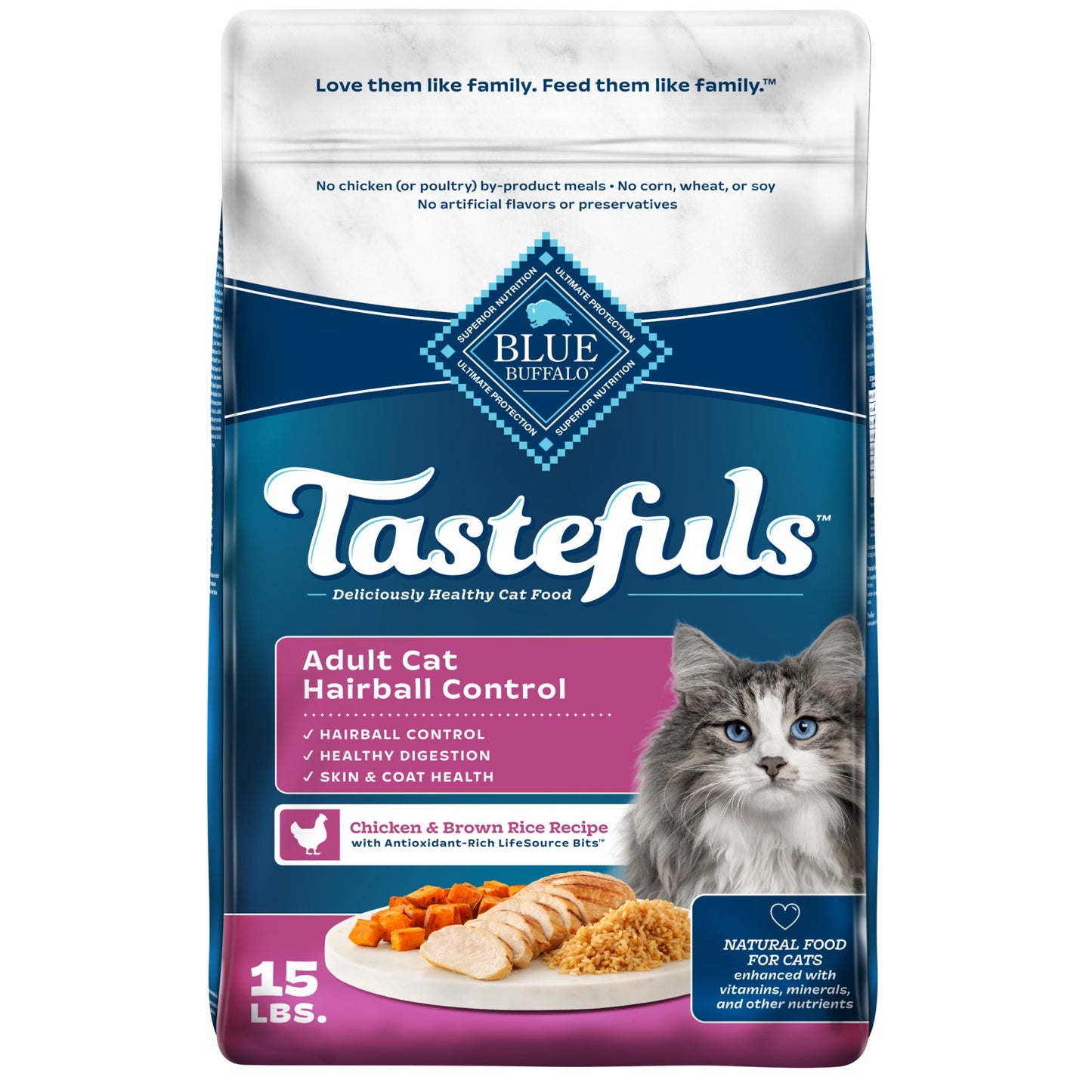 Blue Buffalo Tastefuls Dry Cat Food, Hairball Control, Chicken and Brown Rice, 15-lb. Bag