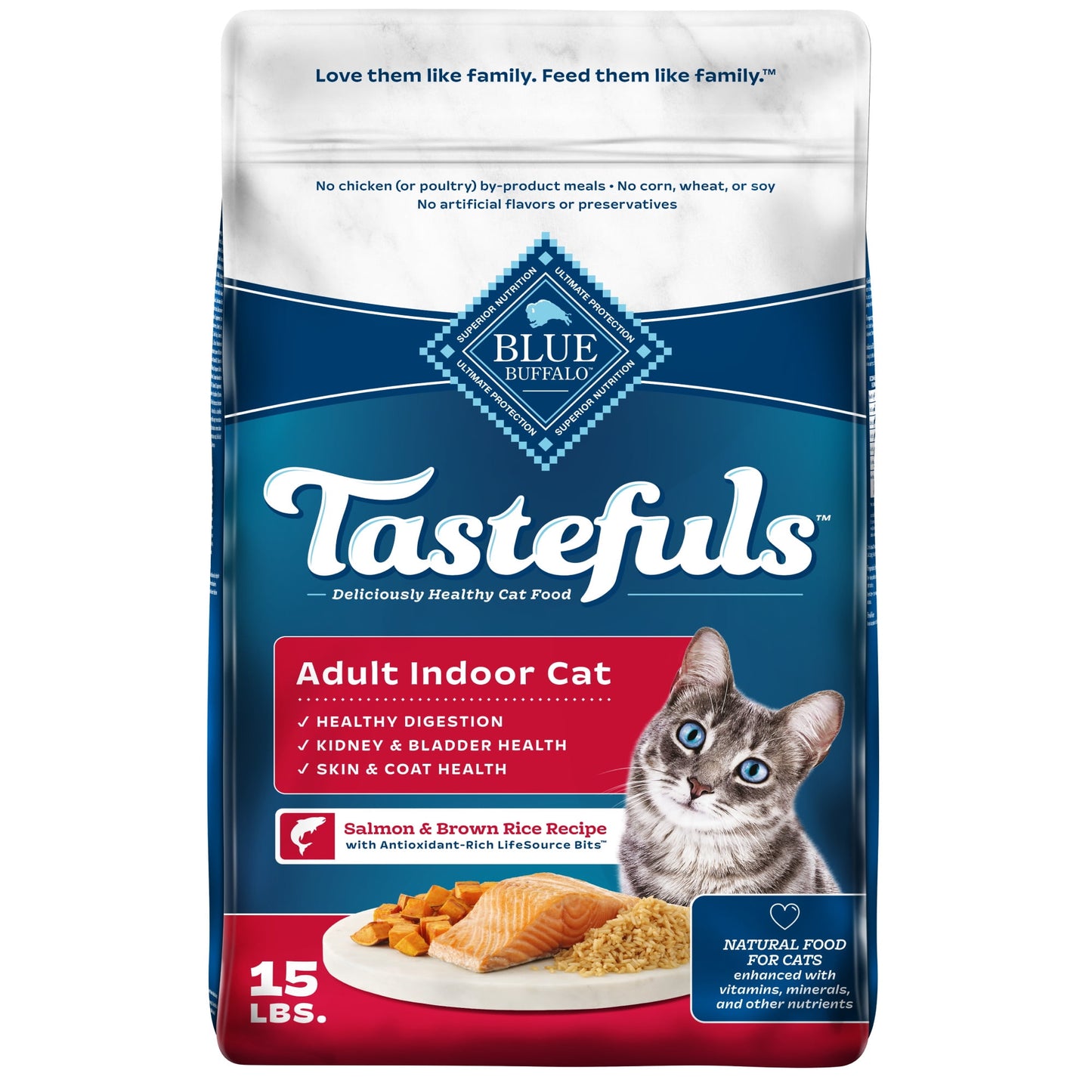 Blue Buffalo Tastefuls Dry Food, Adult Indoor Cat, Salmon and Brown Rice, 15-lb. Bag