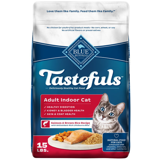 Blue Buffalo Tastefuls Dry Food, Adult Indoor Cat, Salmon and Brown Rice, 15-lb. Bag
