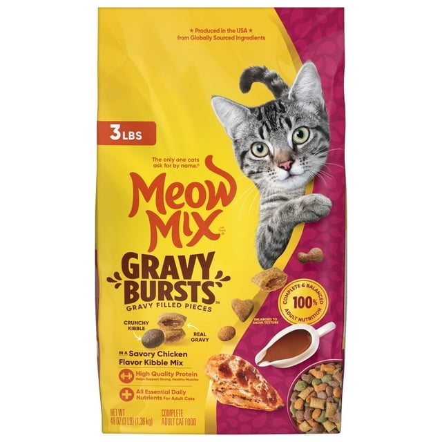 Meow Mix Gravy Bursts, Savory Chicken Flavor Mix, Gravy Filled Dry Cat Food, 3 lb. Bag,pack of 1.