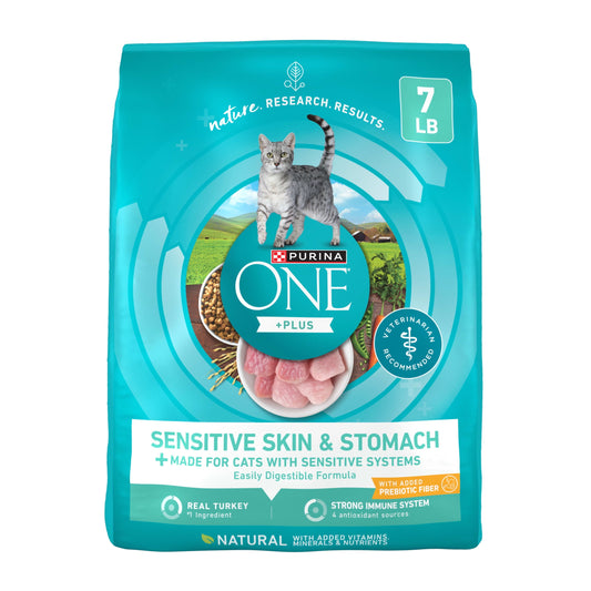 Purina ONE Plus, Sensitive Skin & Stomach, Dry Cat Food, Turkey, 7 lb Bag