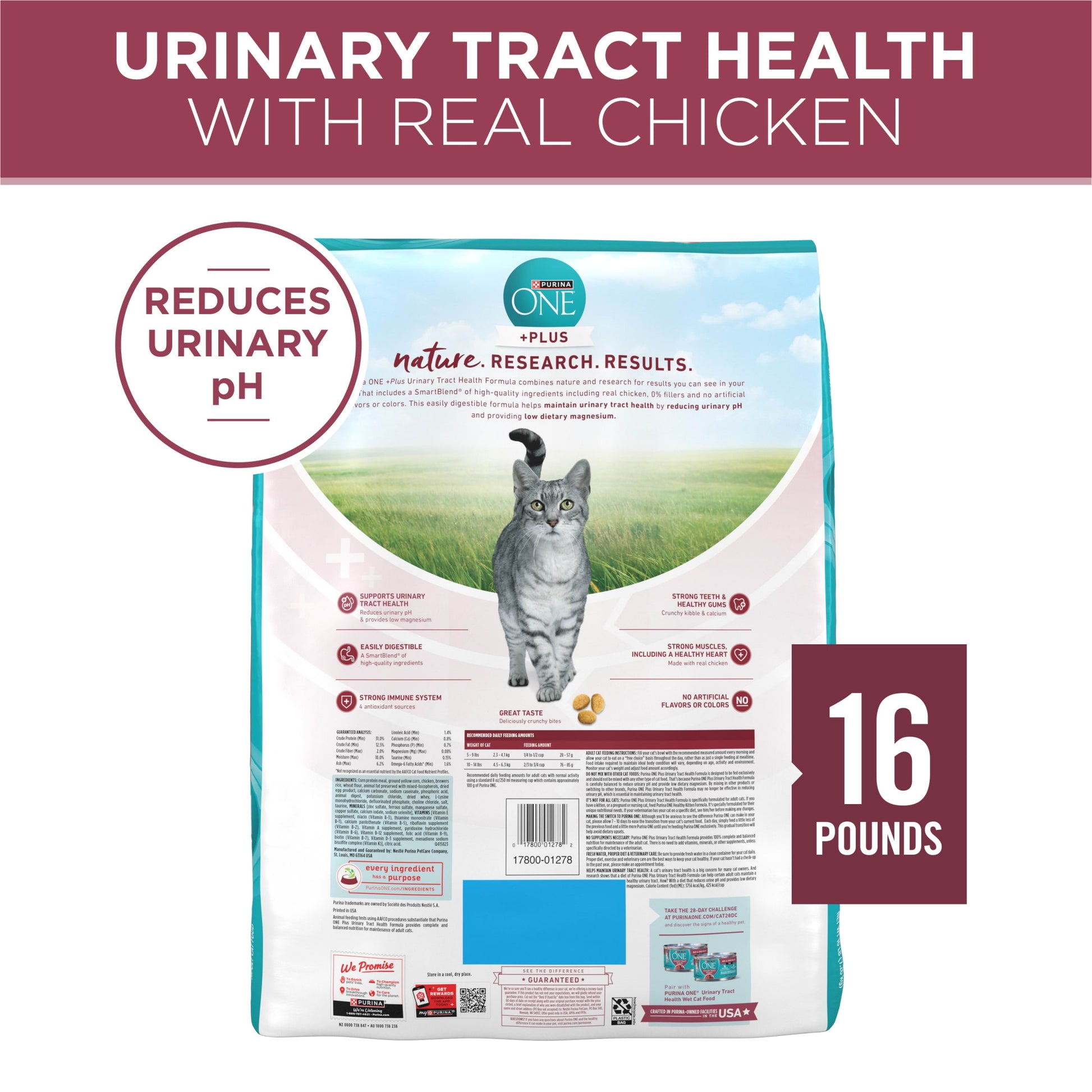 Purina ONE Plus, Uniary Tract Health Formula Dry Cat Food, Chicken, 16 lb Bag