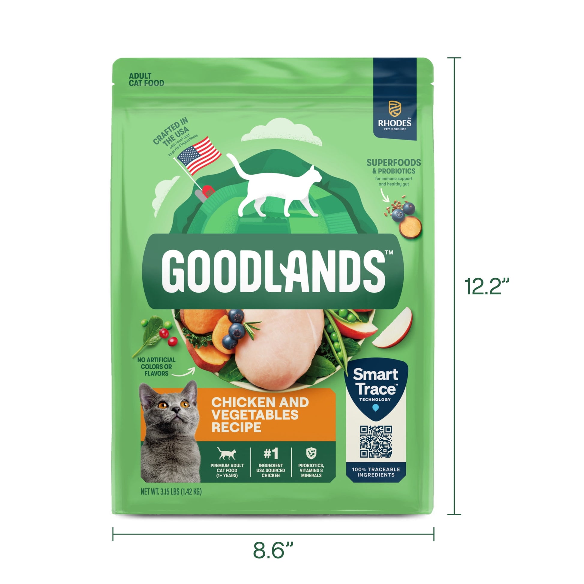 Goodlands Cage-Free Chicken Vegetable Flavor, Dry Adult Cat Food with Probiotics, 3.15 lb Bag